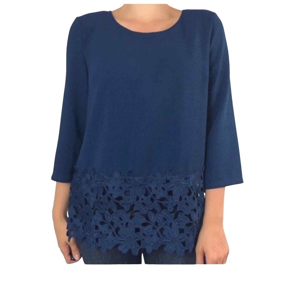 Lucy Laurel Navy Blue Floral Lace Trim 3/4 Sleeve Top Women's Size Small